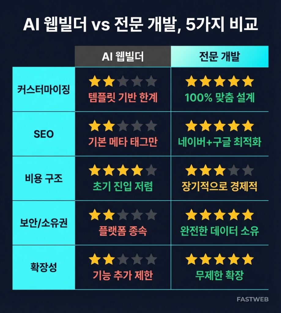 AI 웹빌더와 전문 개발사 5가지 비교 기준 인포그래픽