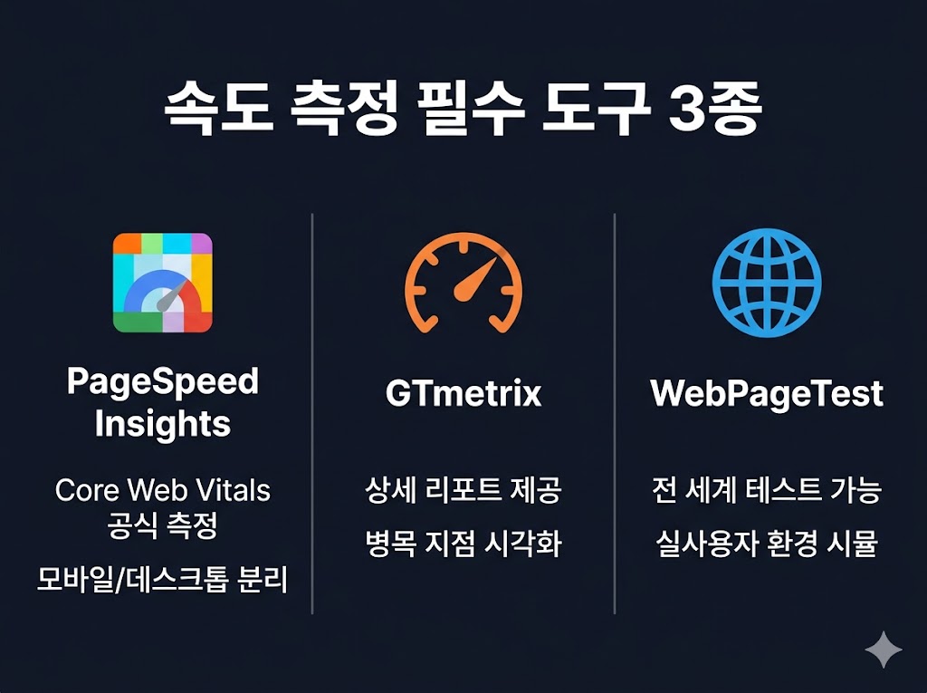 웹사이트 속도 측정 도구 3종 비교 - PageSpeed Insights GTmetrix WebPageTest