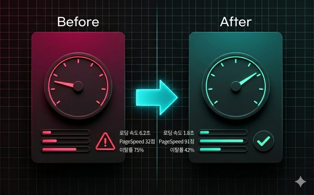 홈페이지 리빌드 Before After 비교 - 로딩 속도 6.2초에서 1.8초, PageSpeed 32점에서 91점, 이탈률 75%에서 42%로 개선
