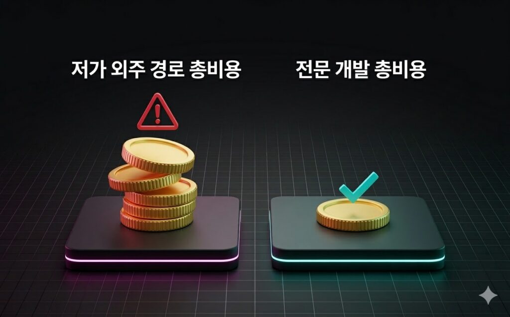 저가 홈페이지 외주 총비용 vs 전문 개발 비용 비교 인포그래픽