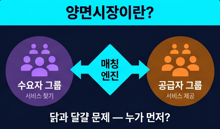 양면시장 플랫폼 구조 다이어그램 - 수요자 매칭 엔진 공급자