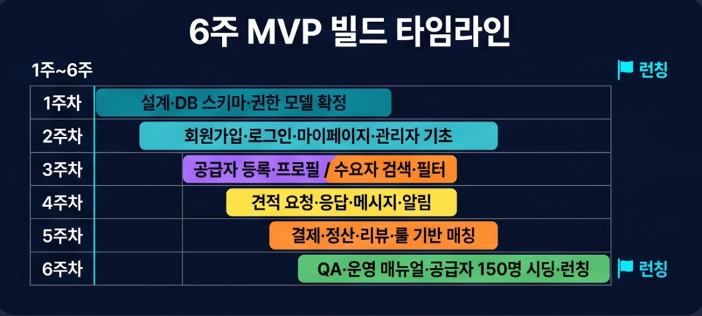 매칭 플랫폼 MVP 6주 빌드 타임라인 주차별 작업 내역