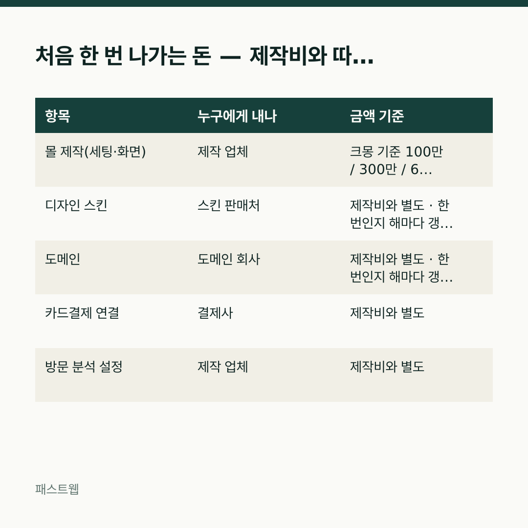 처음 한 번 나가는 돈 — 제작비와 따로 드는 것 — 항목 / 누구에게 내나 / 금액 기준 비교표