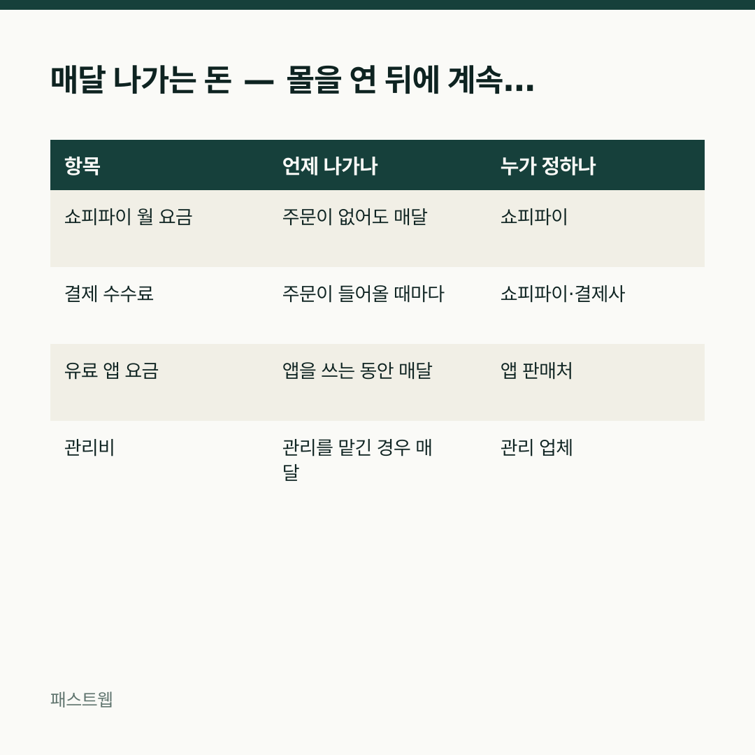 매달 나가는 돈 — 몰을 연 뒤에 계속 붙는 것 — 항목 / 언제 나가나 / 누가 정하나 비교표