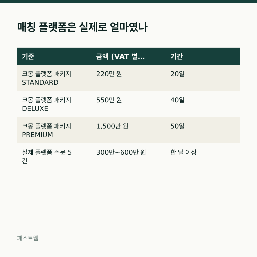 매칭 플랫폼은 실제로 얼마였나 — 기준 / 금액 (VAT 별도) / 기간 비교표